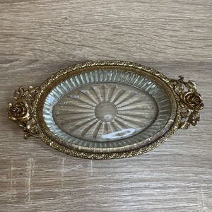 Vtg Matson Ormolu Gold Rose Filigree Glass Soap Dish Trinket Vanity